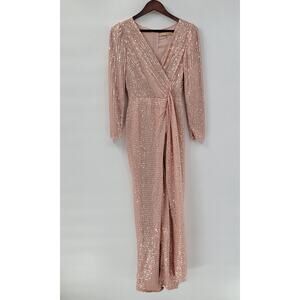 Sublime Sequined Gown S Pink Faux Wrap Long Puff Sleeve Tigh Slit Party Wedding